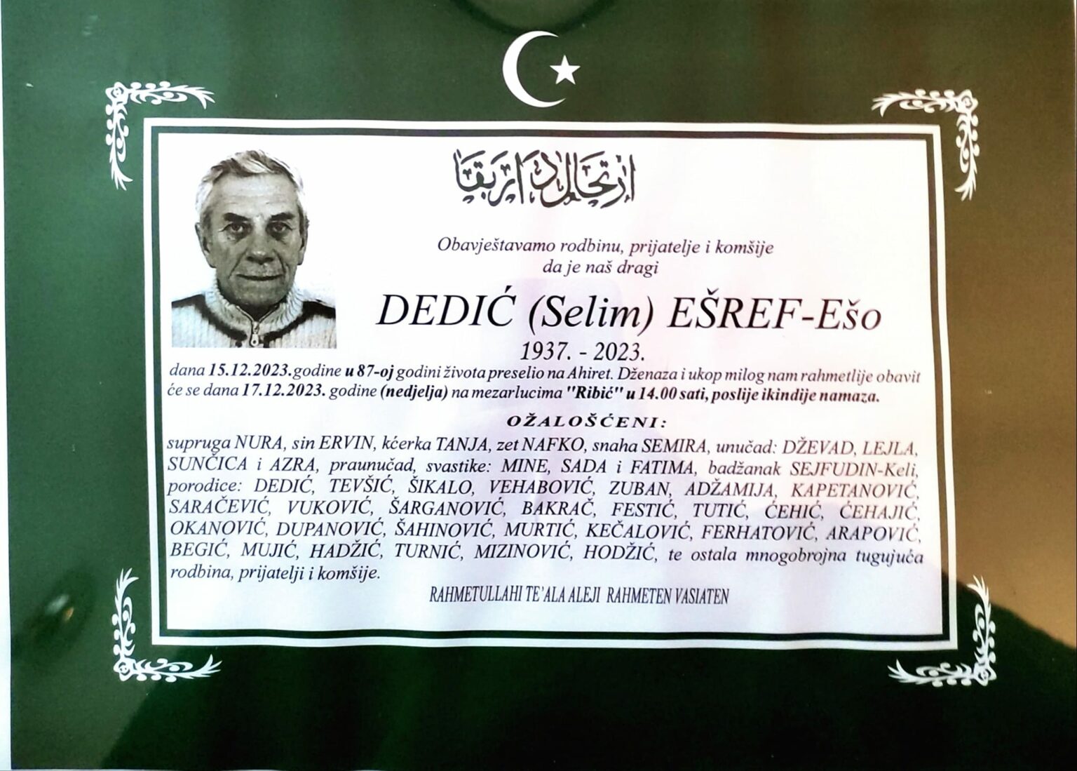 Na Ahiret preselio Dedić (Selim) Ešref