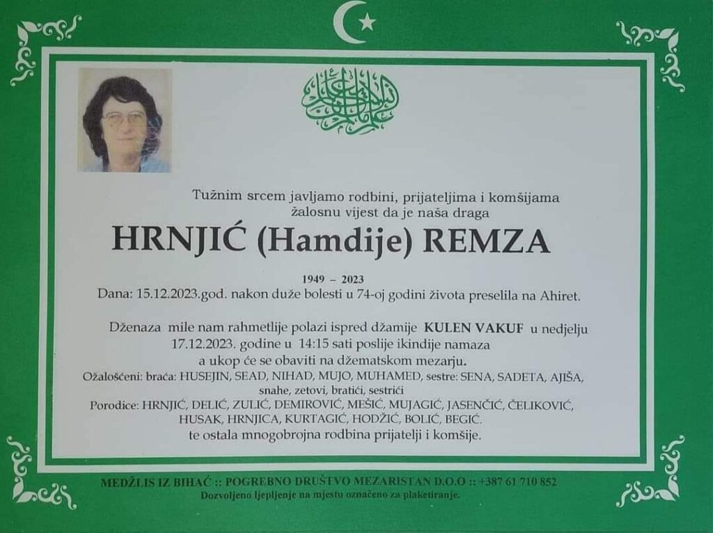Na Ahiret preselila Hrnjić (Hamdije) Remza