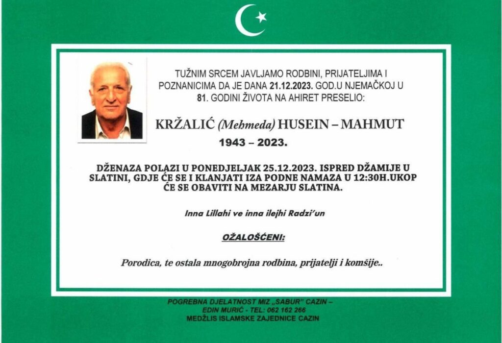 Na Ahiret preselio Kržalić (Mehmeda) Husein – Mahmut