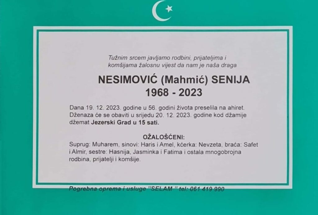 Na Ahiret preselila Nesimović (Mahmić) Senija