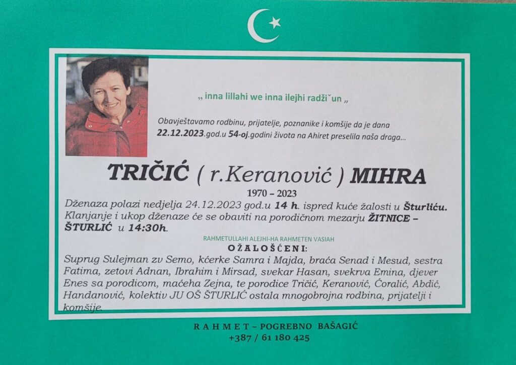 Na Ahiret preselila Tričić (r.Keranović) Mihra