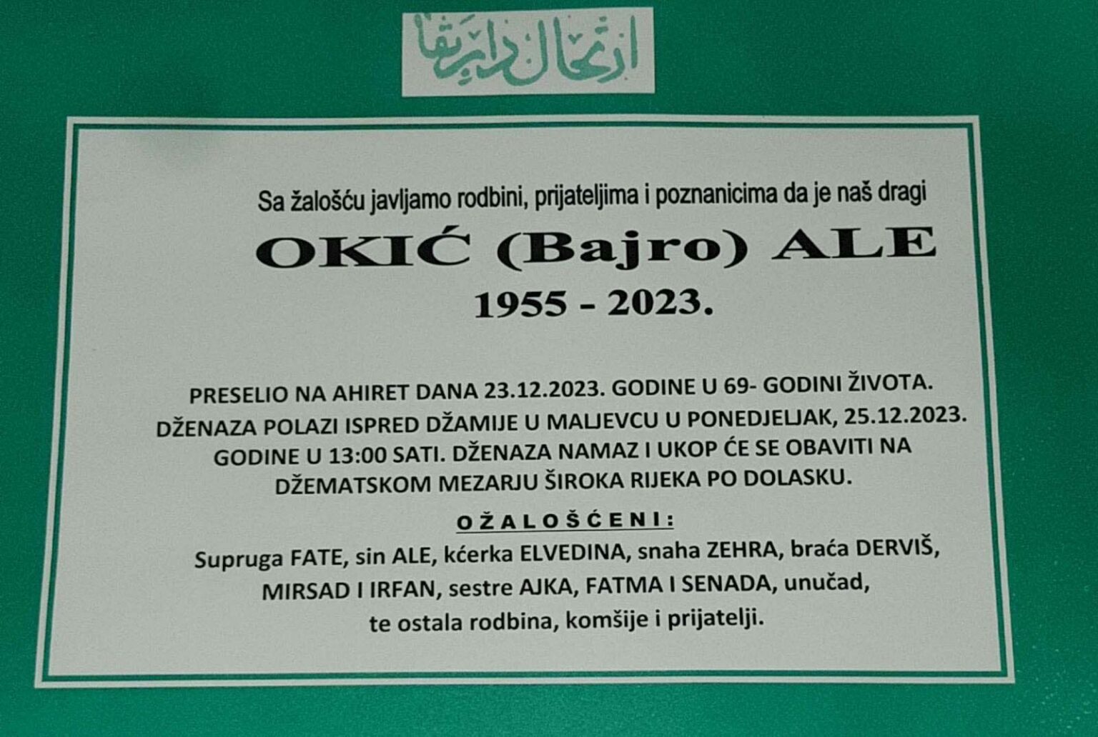 Na Ahiret preselio Okić (Bajro) Ale