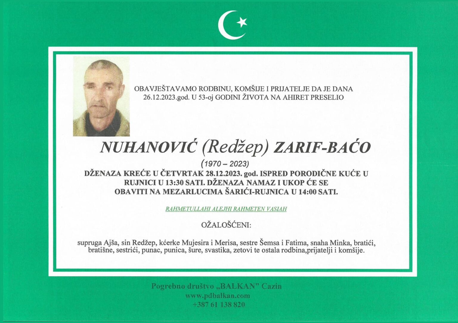 Na Ahiret preselio Nuhanović (Redžep) Zarif-Baćo