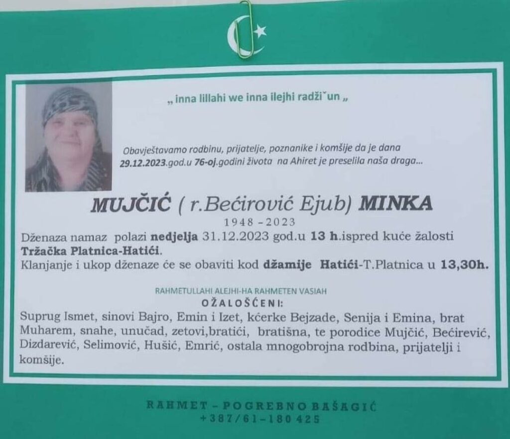 Na Ahiret preselila Mujčić (rođ. Bećirović) Minka