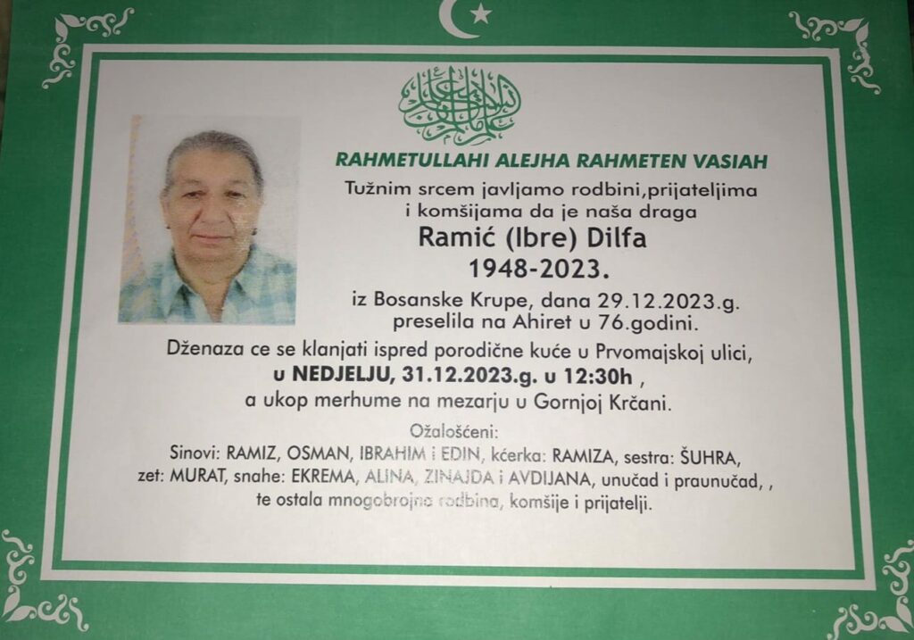 Na Ahiret preselila Ramić (Ibre) Dilfa