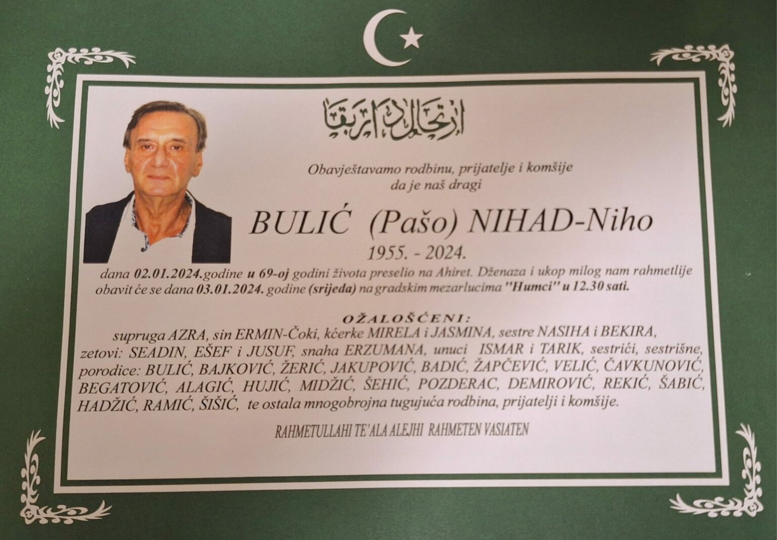 Na Ahiret preselio Bulić (Pašo) Nihad-Niho