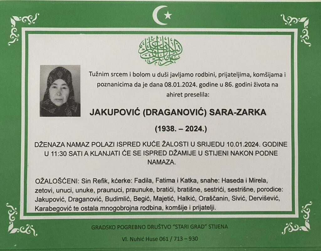 Na Ahiret preselila Jakupović (Draganović) Sara-Zarka