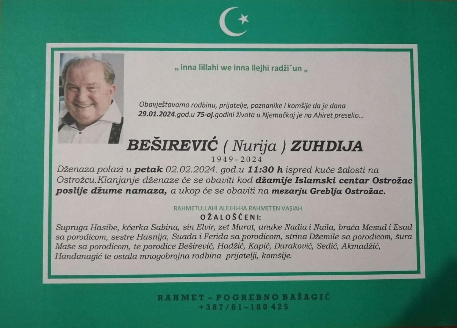 Na Ahiret preselio Beširević (Nurija) Zuhdija