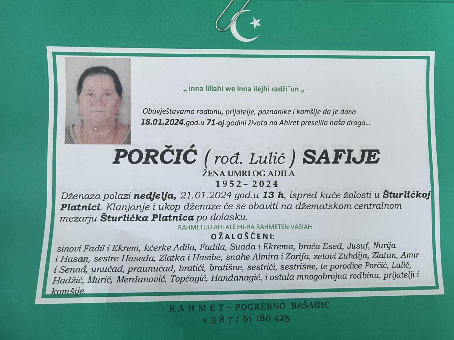 Na Ahiret preselila Porčić (rođ. Lulić) Safije