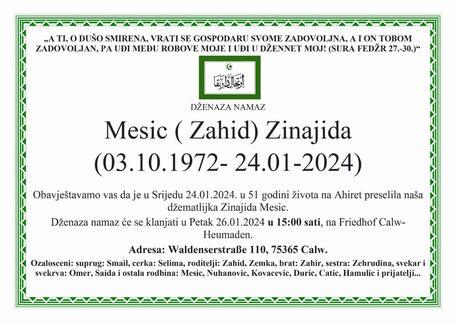 Na Ahiret preselila Mesic (Zahid) Zinajida