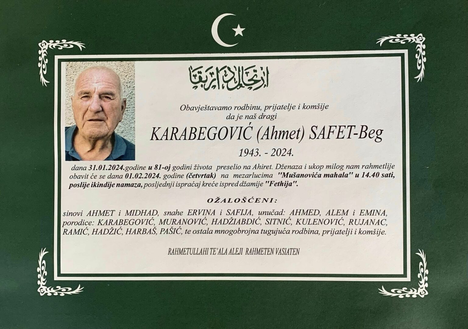 Na Ahiret preselio KARABEGOVIĆ (Ahmet) SAFET
