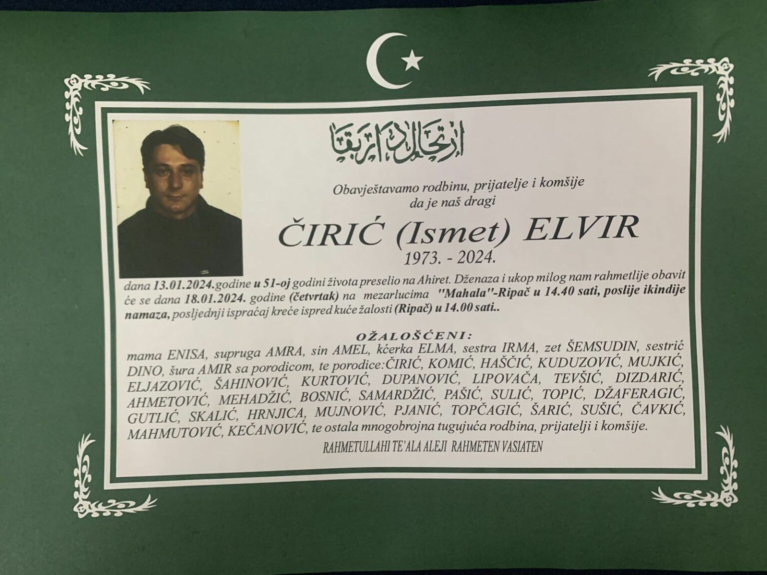 Na Ahiret preselio ČIRIĆ (Ismet) ELVIR