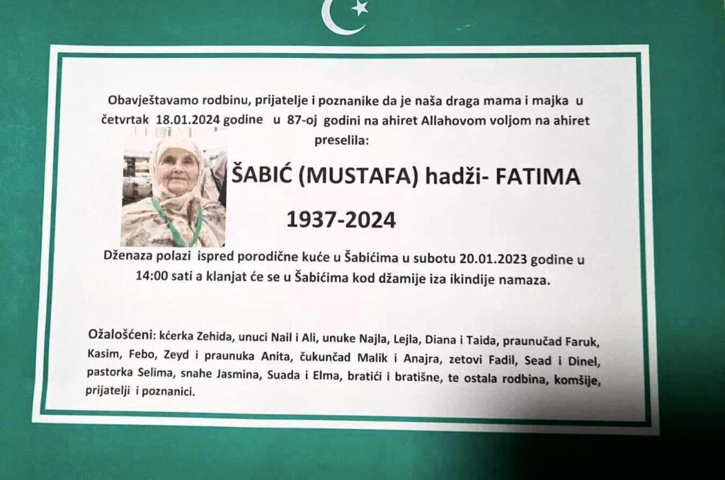 Na Ahiret preselila ŠABIĆ (MUSTAFA) hadži