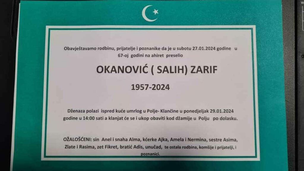 Na Ahiret preselio OKANOVIĆ (SALIH) ZARIF