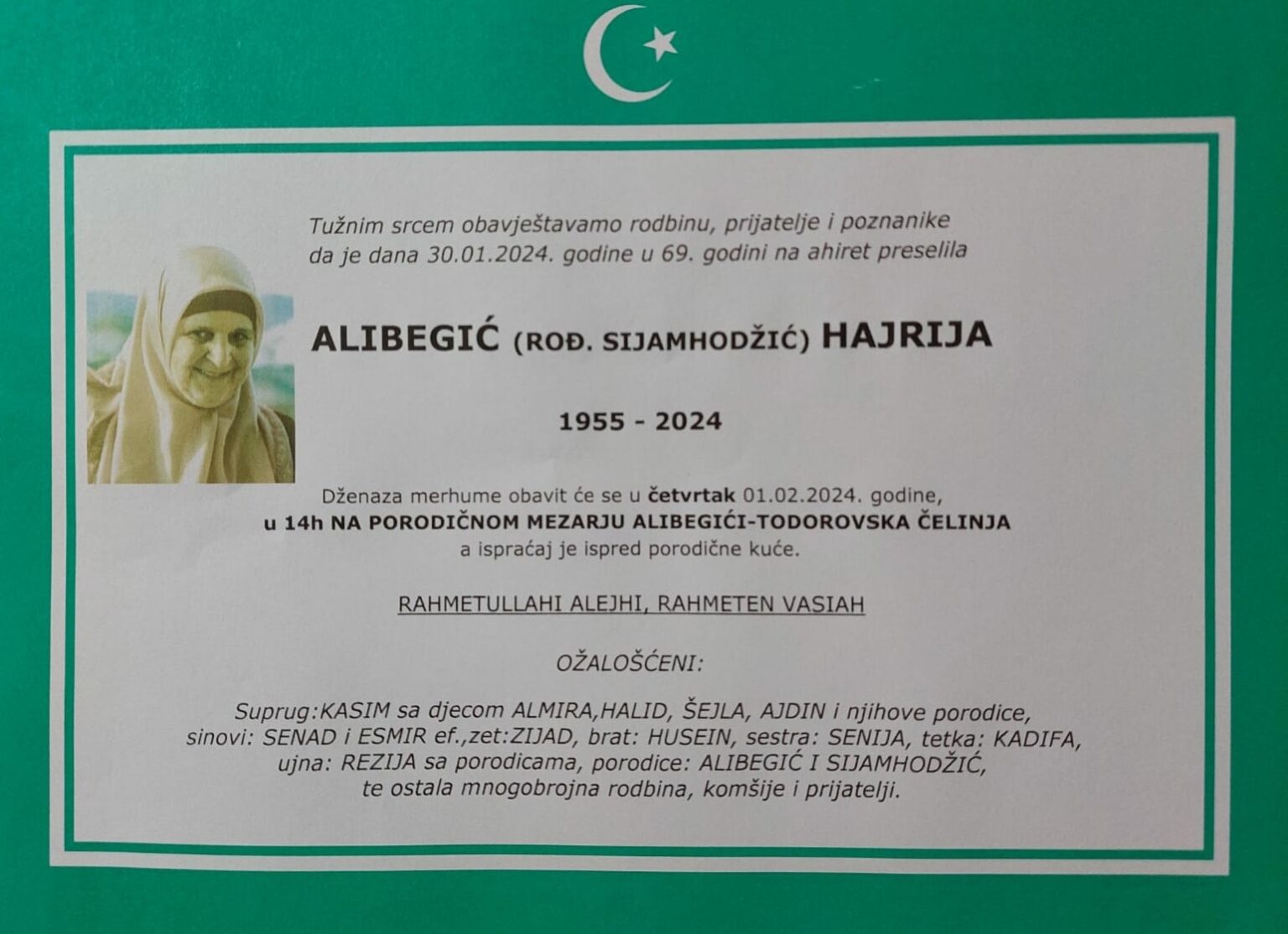 Na Ahiret preselila ALIBEGIĆ (ROĐ. SIJAMHODŽIĆ) HAJRIJA