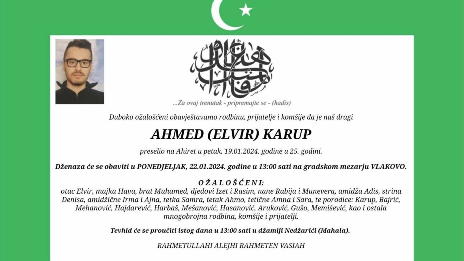 Tuga u BiH! Na Ahiret preselio 25-godišnji student Ahmed Karup