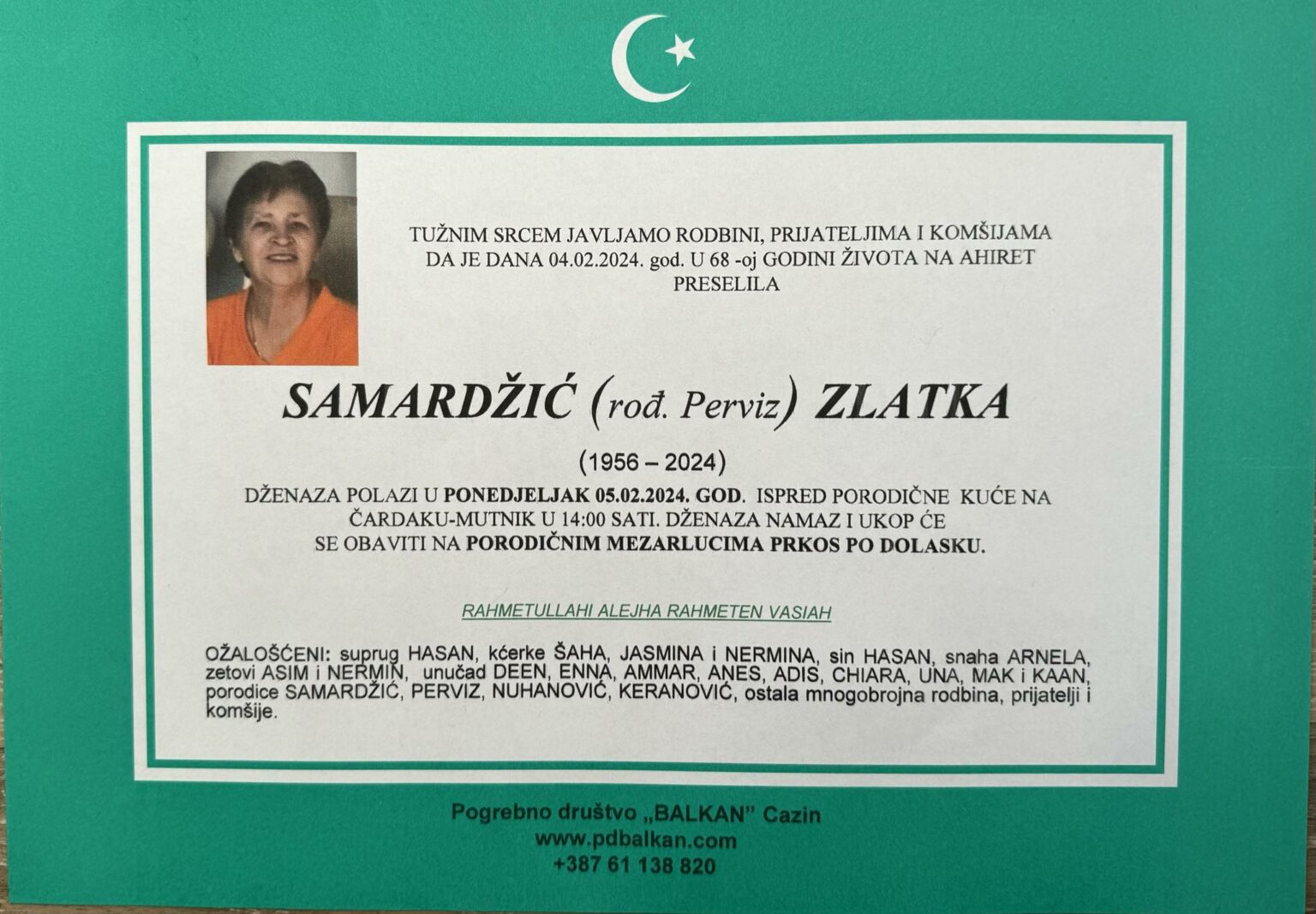 Na Ahiret preselila Samardžić (rođ. Perviz) Zlatka