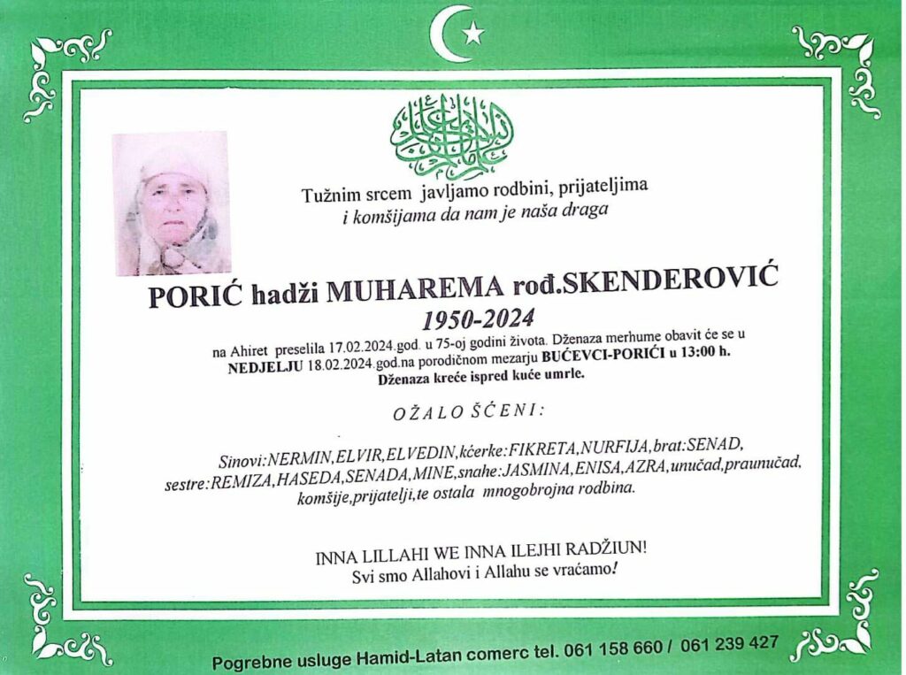 Na Ahiret preselila Porić hadži Muharema rođ. Skenderović