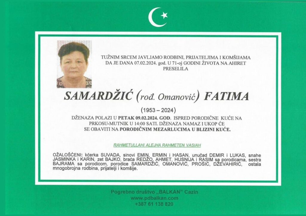 Na Ahiret preselila SAMARDŽIĆ (rođ. Omanović) FATIMA