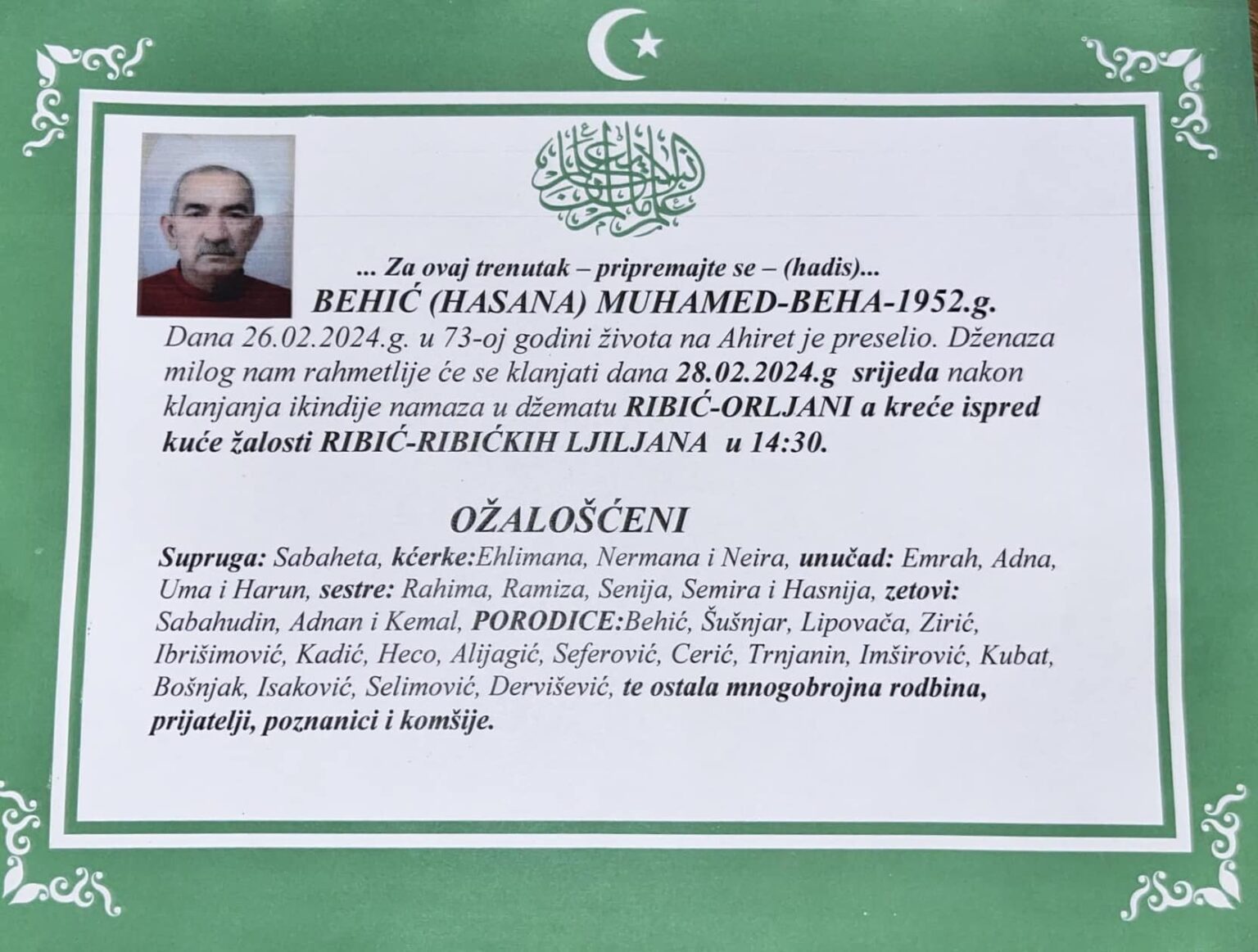Na Ahiret preselio Behić (Hasana) Muhamed-Beha
