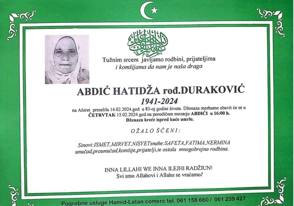 Na Ahiret preselila ABDIĆ HATIDŽA rođ.DURAKOVIĆ