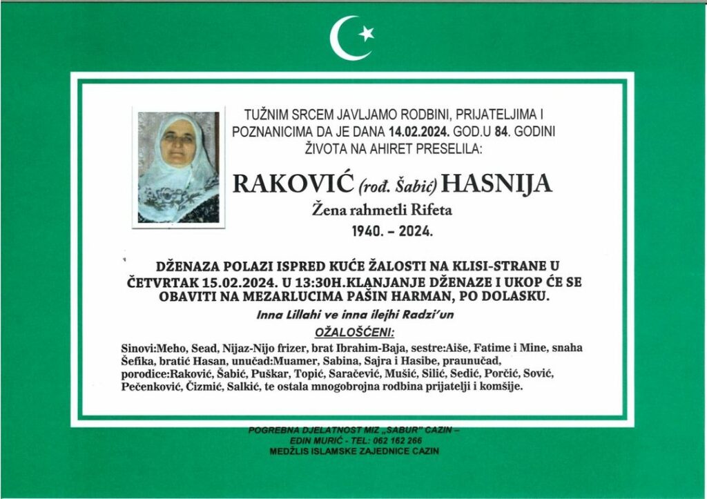 Na Ahiret preselila Raković (rođ. Šabić) Hasnija