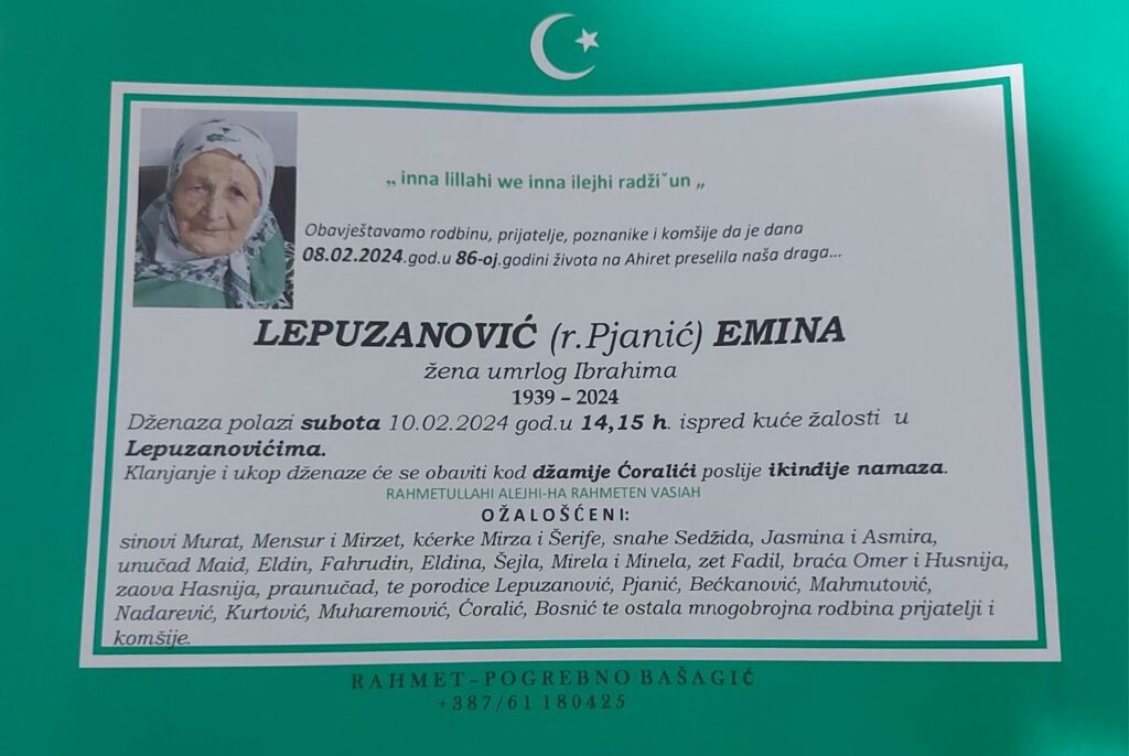 Na Ahiret preselila LEPUZANOVIĆ (r.Pjanić) EMINA