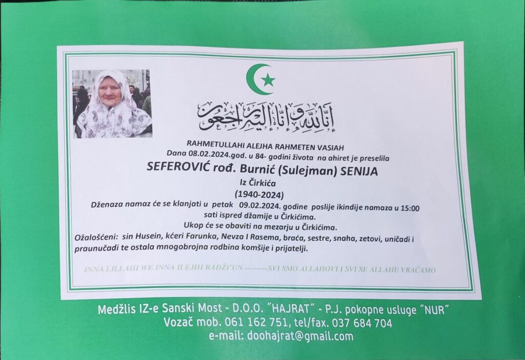 Na Ahiret preselila Seferović (rođ. Burnić) Senija