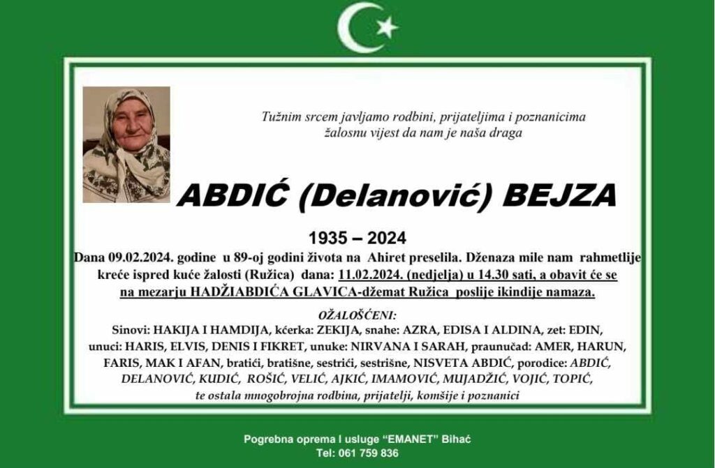 Na Ahiret preselila ABDIĆ (Delanović) BEJZA