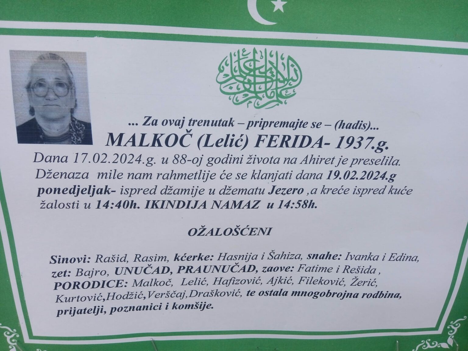 Na Ahiret preselila Malkoč (Lelić) Ferida