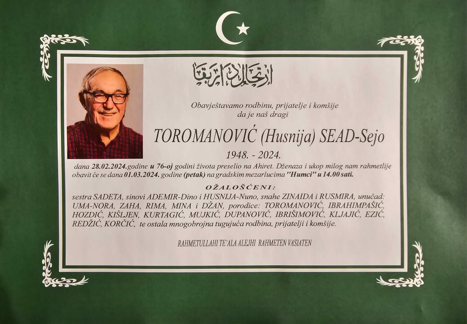 Na Ahiret preselio Toromanović (Husnija) Sead-Sejo