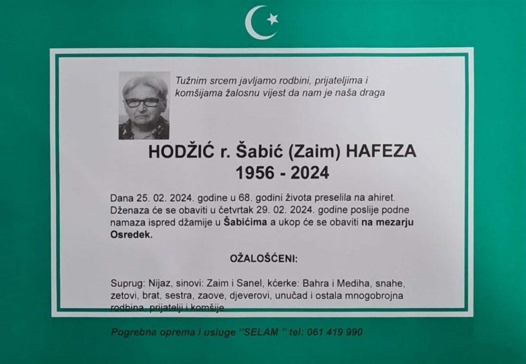 Na Ahiret preselila Hodžić r. Šabić (Zaim) Hafeza