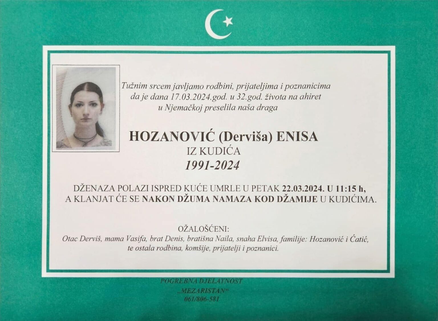 U 32. godini života na Ahiret preselila Hozanović (Derviša) Enisa