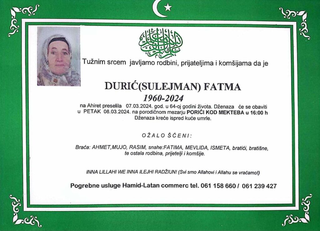 Na Ahiret preselila Durić (Sulejman) Fatma