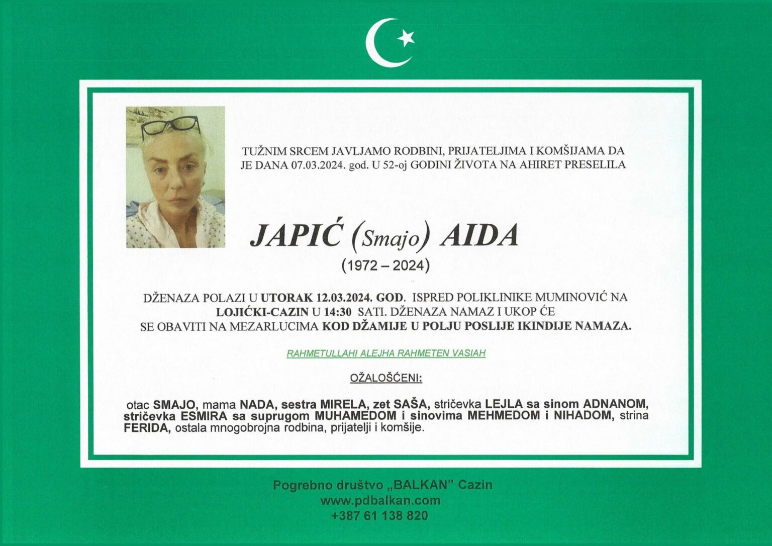 Na Ahiret preselila Japić (Smajo) Aida