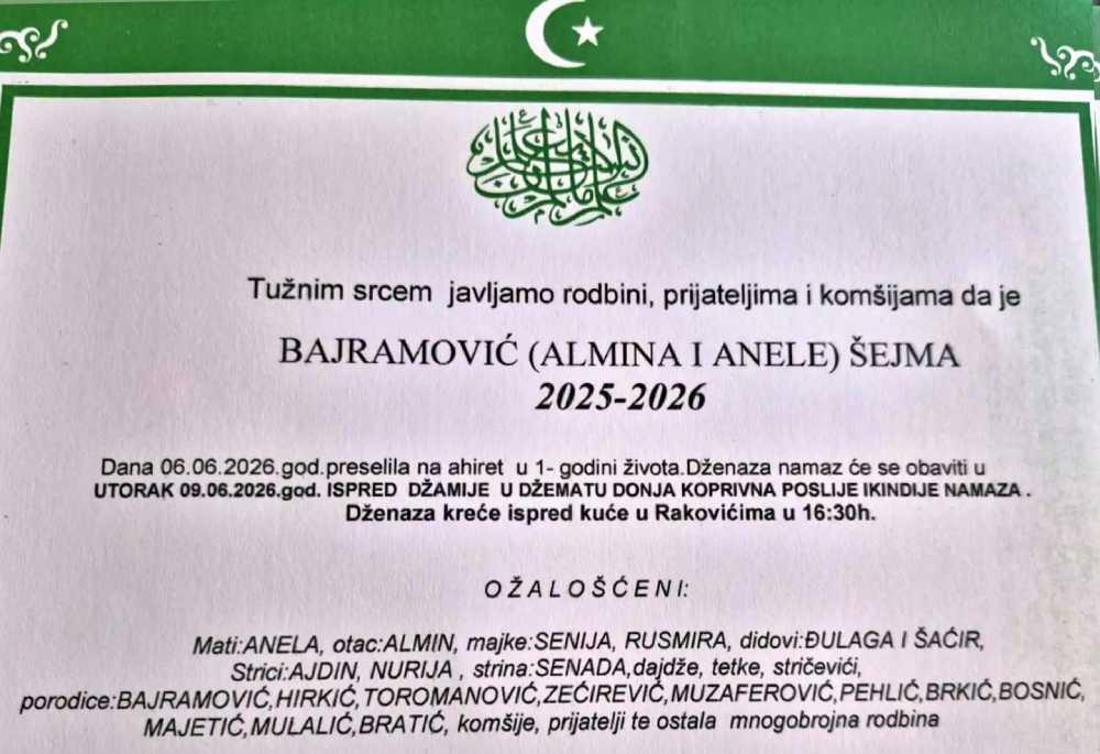 U 1. godini života na Ahiret preselila malena Šejma Bajramović