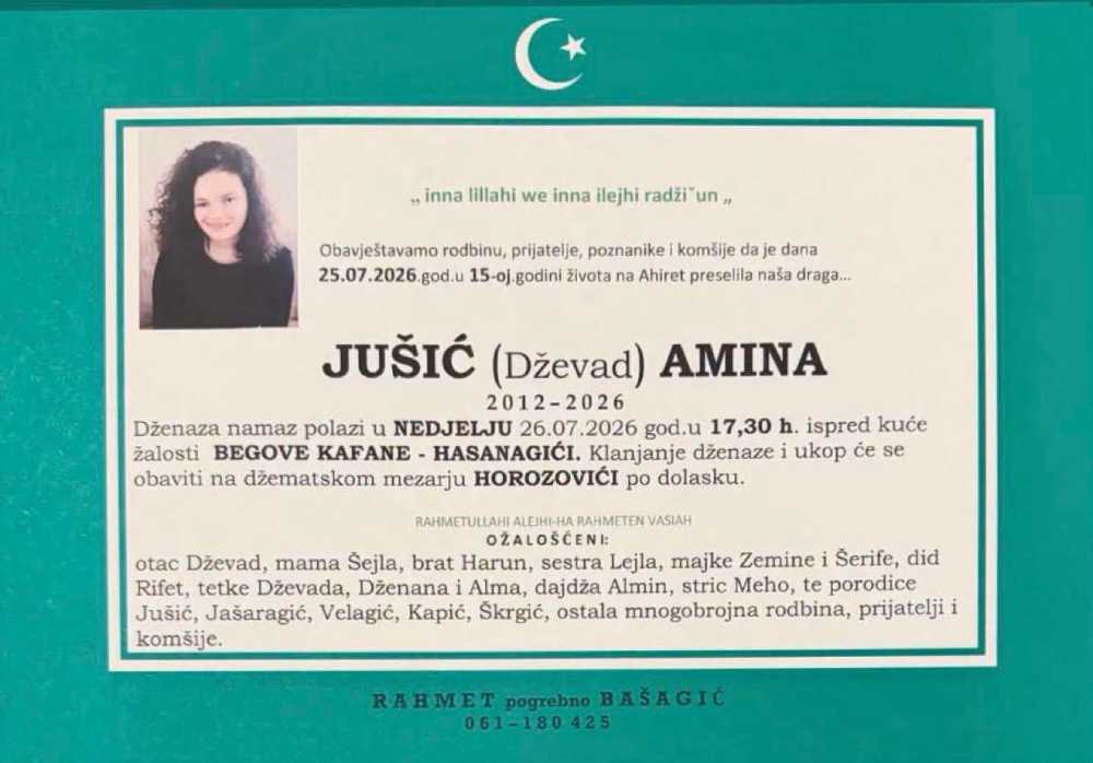 U 15. godini života na Ahiret preselila Jušić (Dževad) Amina