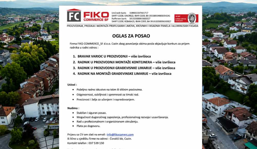 Firma iz Cazina raspisala konkurs za više radnih mjesta